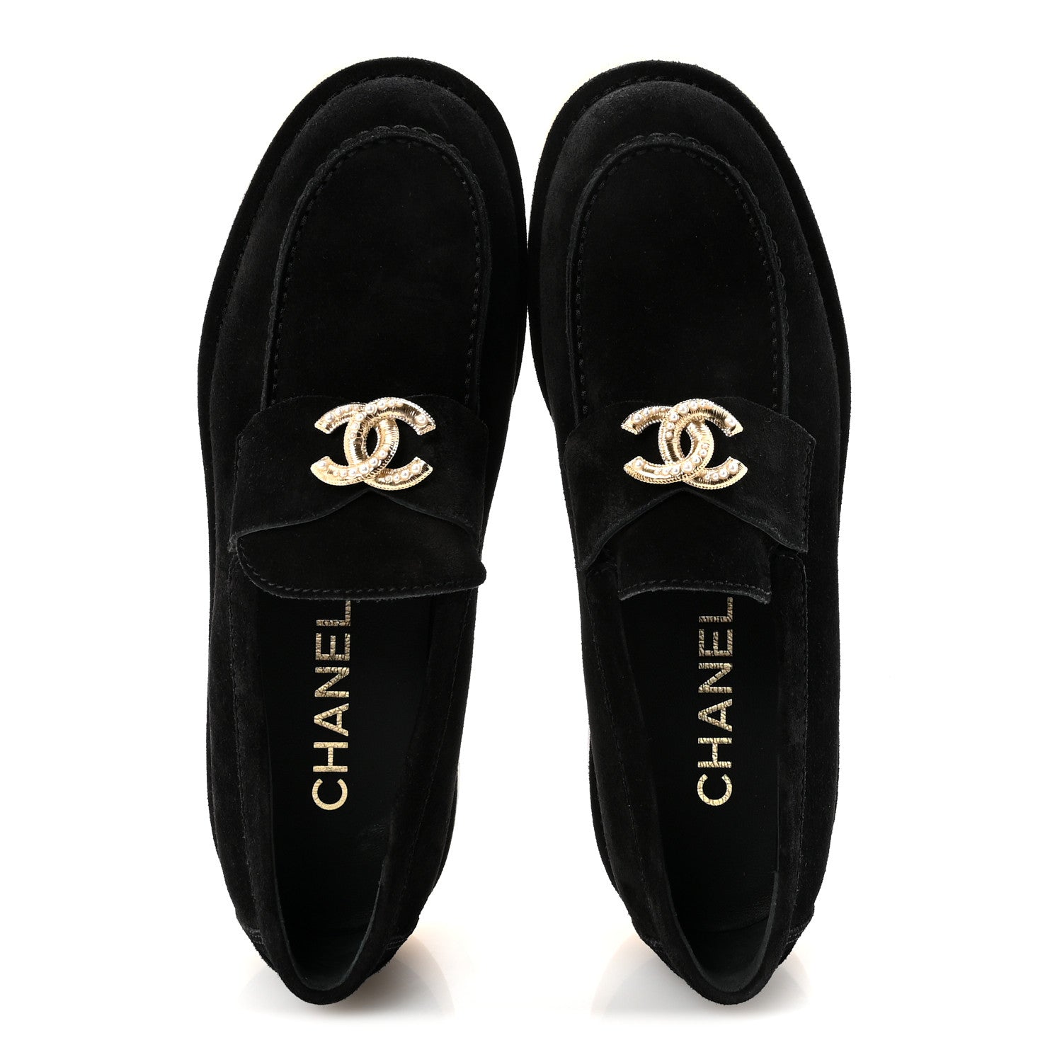 Chanel Suede Calfskin Pearl CC Moccasin Loafers 40 Black 2 of 9