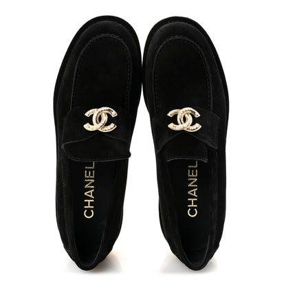 Chanel Suede Calfskin Pearl CC Moccasin Loafers 40 Black 2 of 9