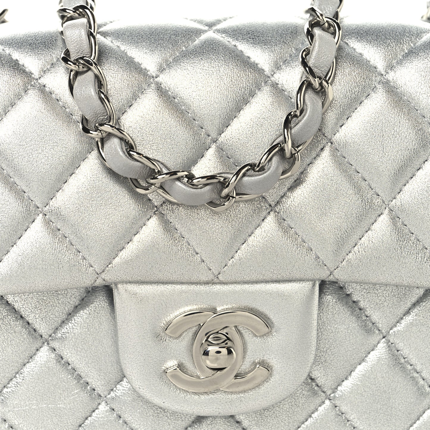 Metallic Lambskin Quilted Mini Rectangular Flap Silver