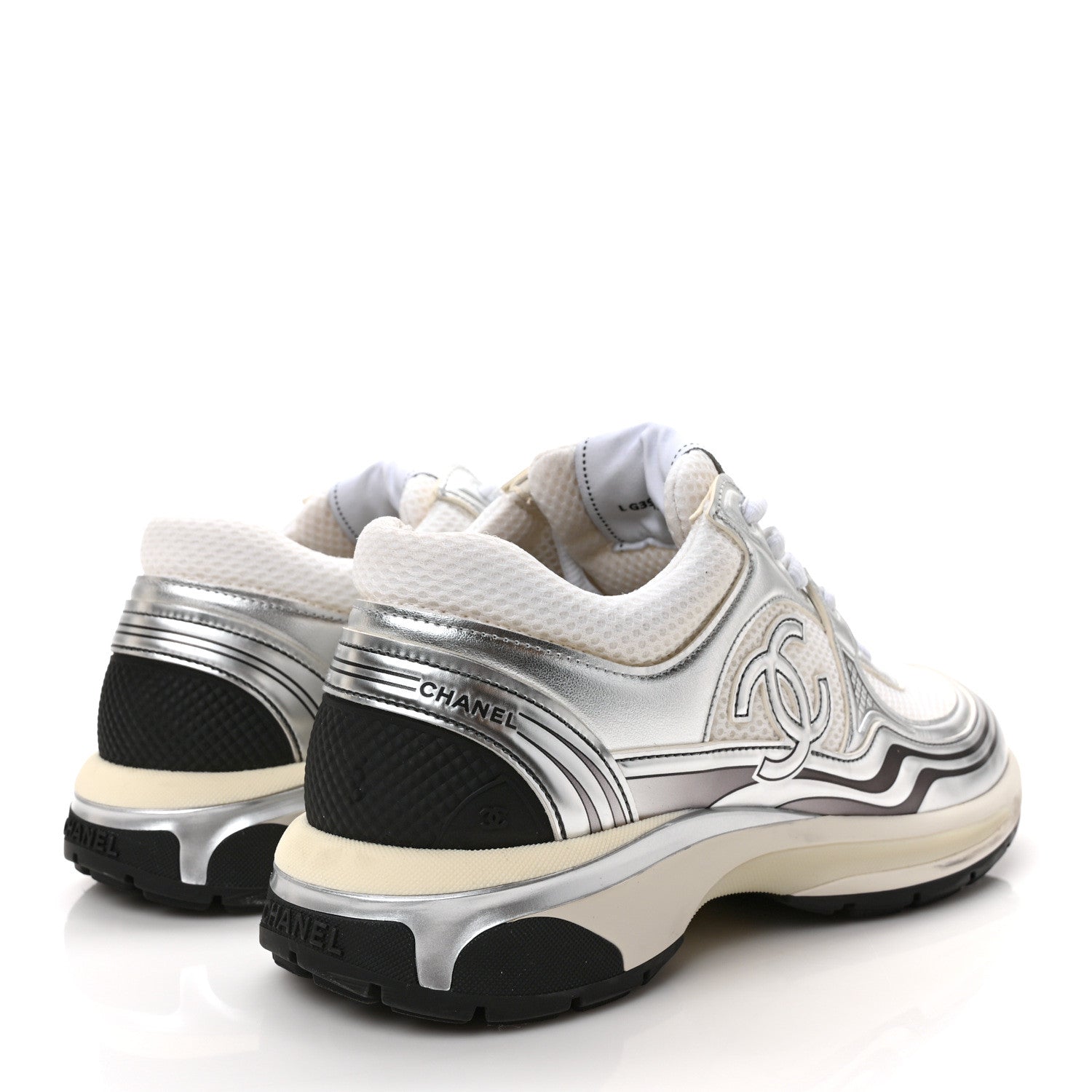 Chanel Fabric Laminated Calfskin Stretch CC Sneakers 40.5 White Silver 4 of 9