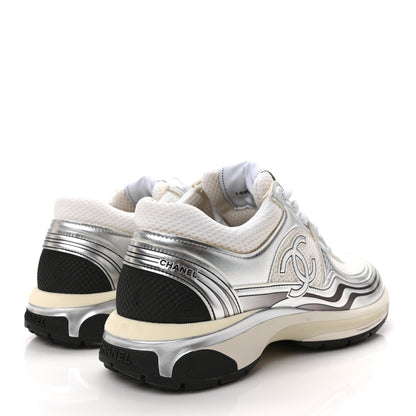 Chanel Fabric Laminated Calfskin Stretch CC Sneakers 40.5 White Silver 4 of 9