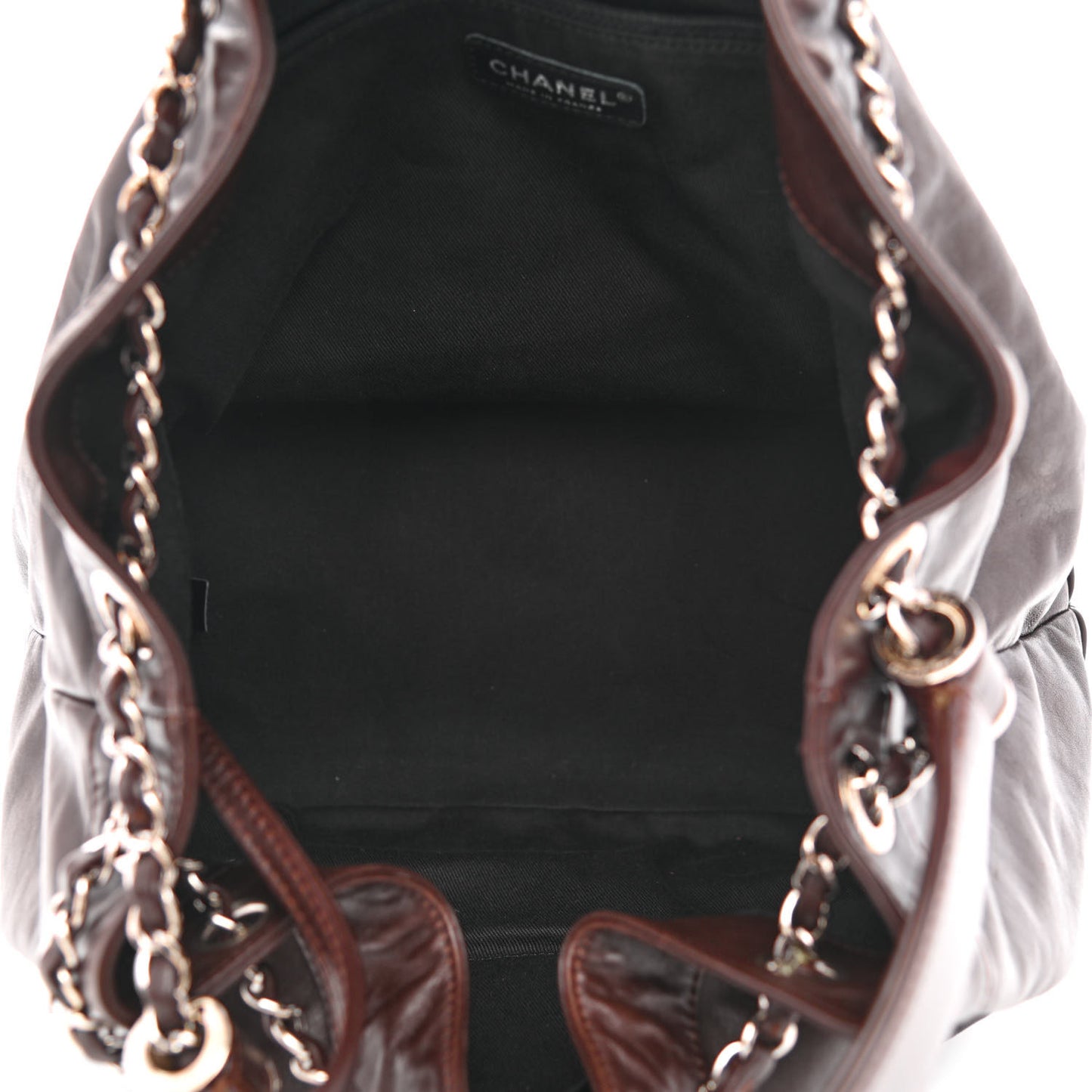 Calfskin Drawstring CC Bucket Bag Dark Brown