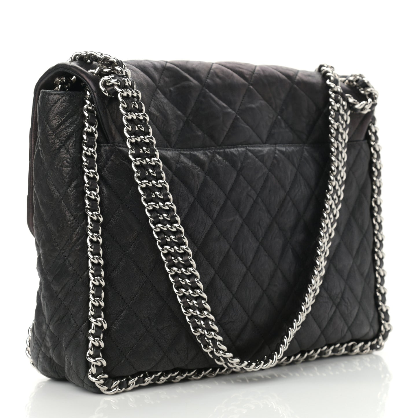 Washed Lambskin Quilted Maxi Chain Around Flap Black