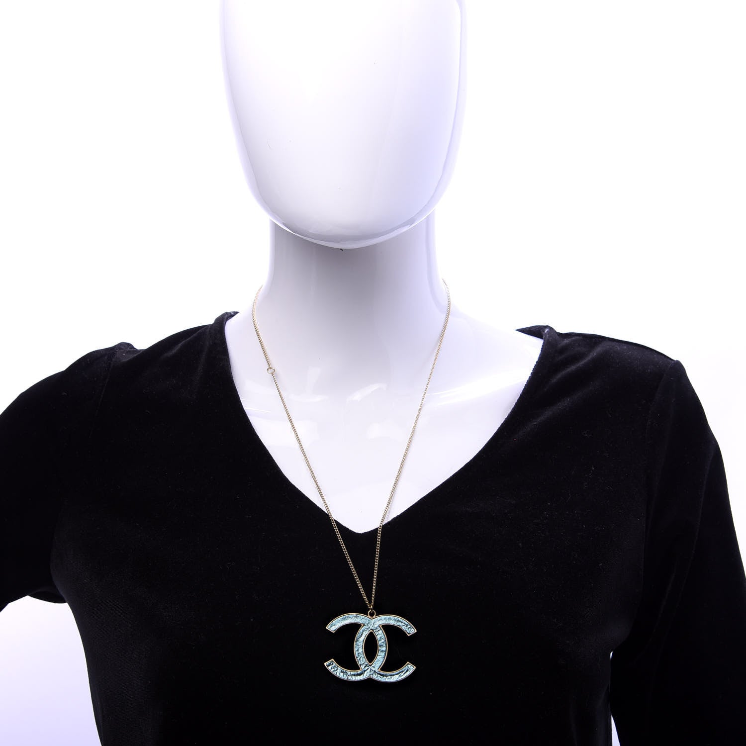 Chanel Metal Textured CC Pendant Necklace Blue 2 of 5