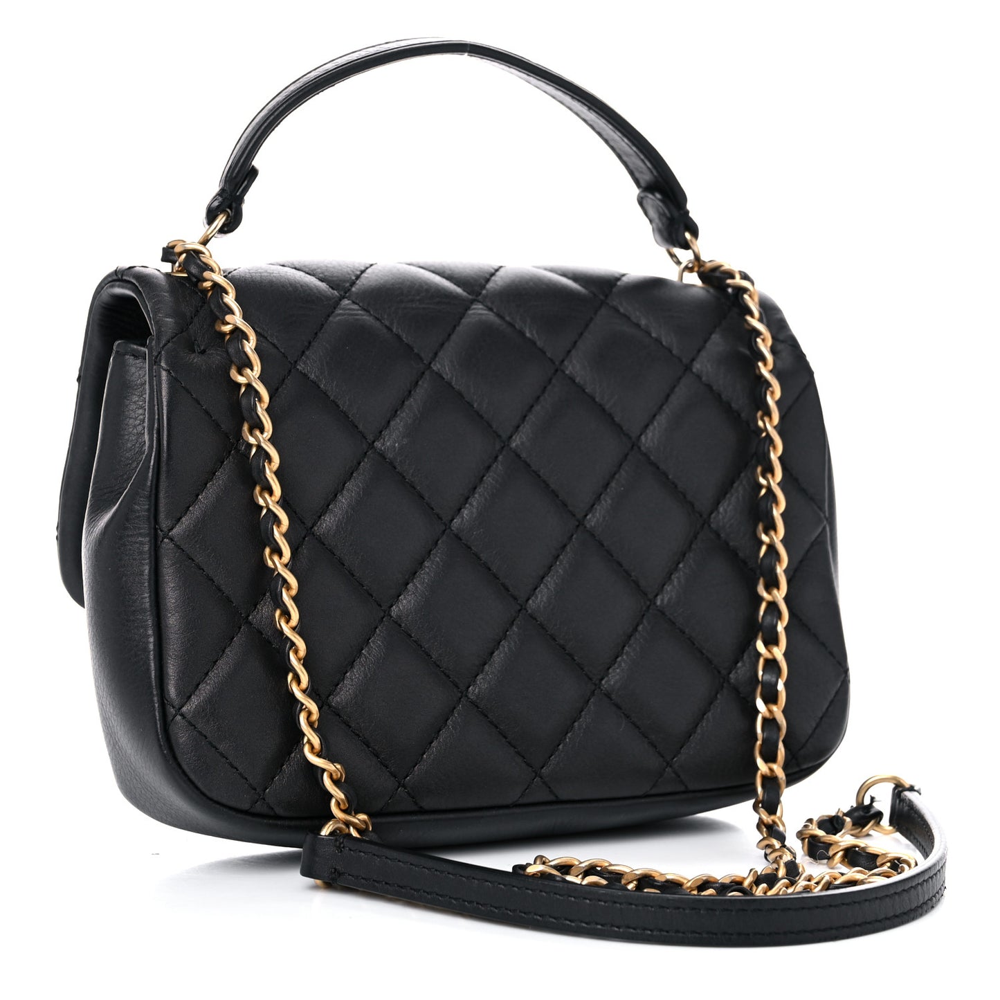 Calfskin Quilted Top Handle Flap Black