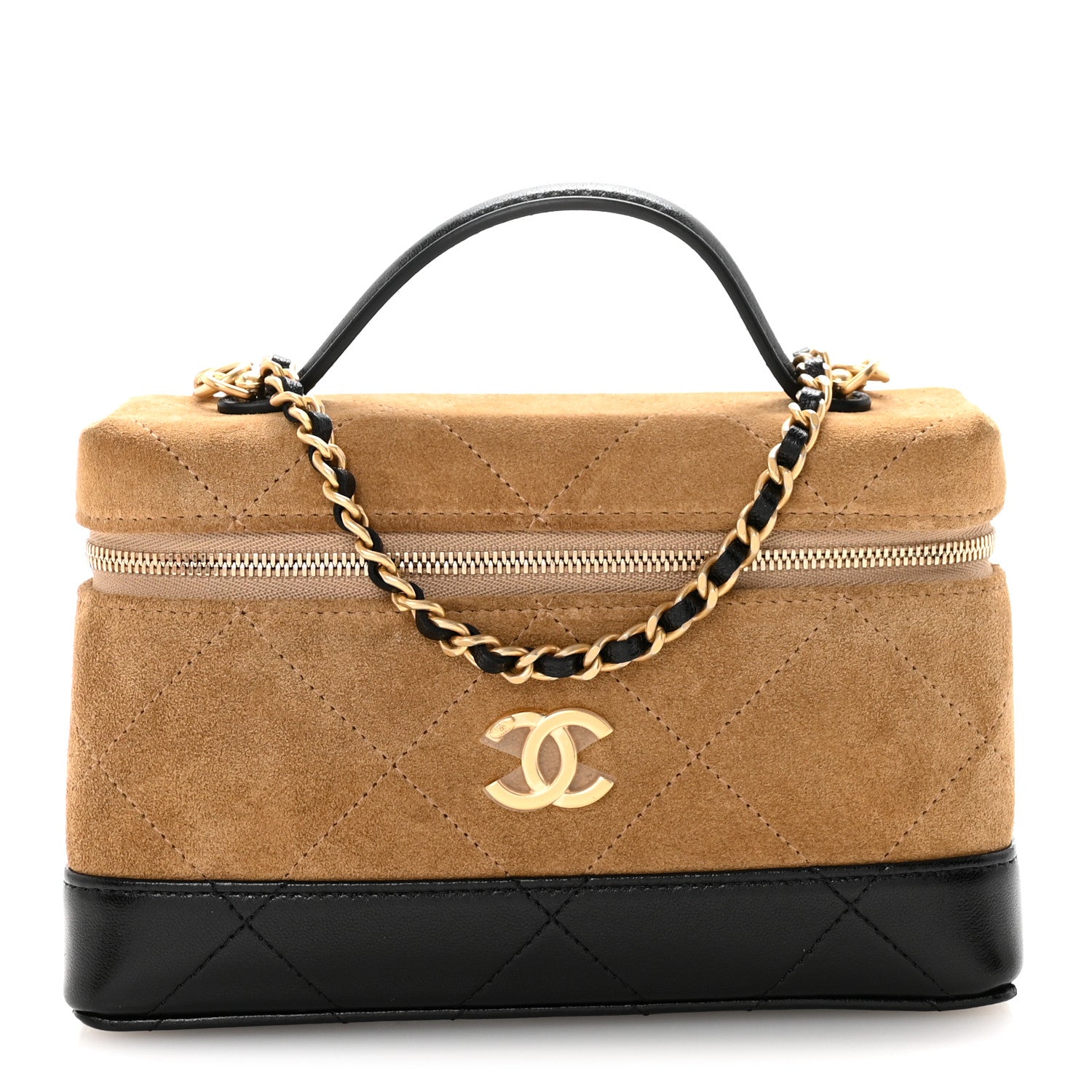 Chanel Suede Calfskin Shiny Lambskin Quilted Top Handle Slim Vanity Case With Chain Beige Black 1 of 11