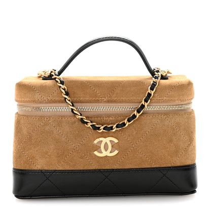 Chanel Suede Calfskin Shiny Lambskin Quilted Top Handle Slim Vanity Case With Chain Beige Black 1 of 11