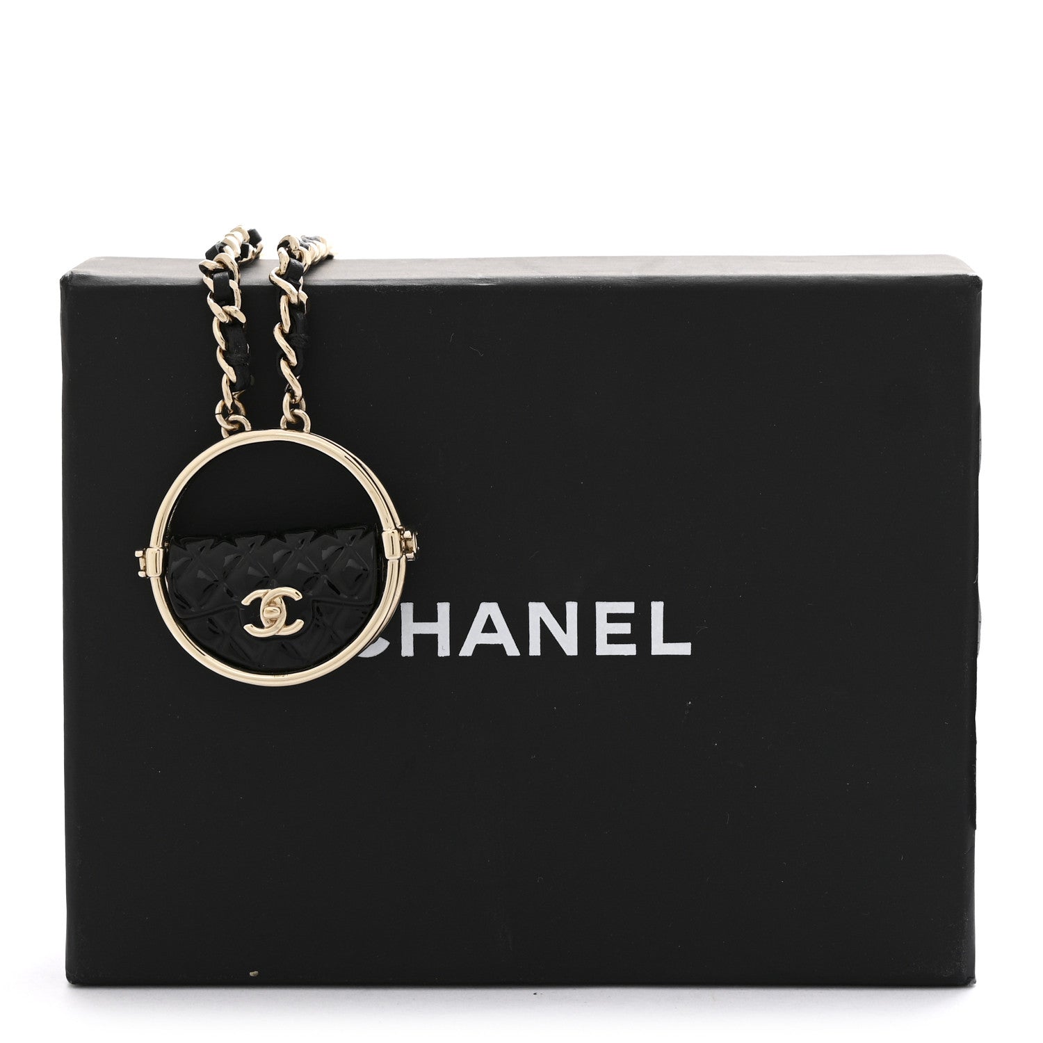 Chanel Metal Resin Lambskin Round Flap Necklace Gold Black 7 of 7