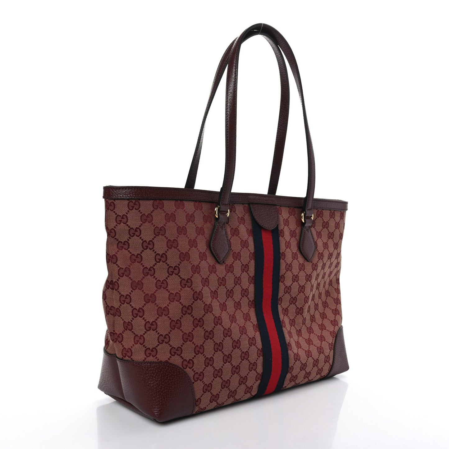 Monogram Textured Dollar Calfskin Web Medium Ophidia Shopping Tote Sahara Rubino Chardonnay