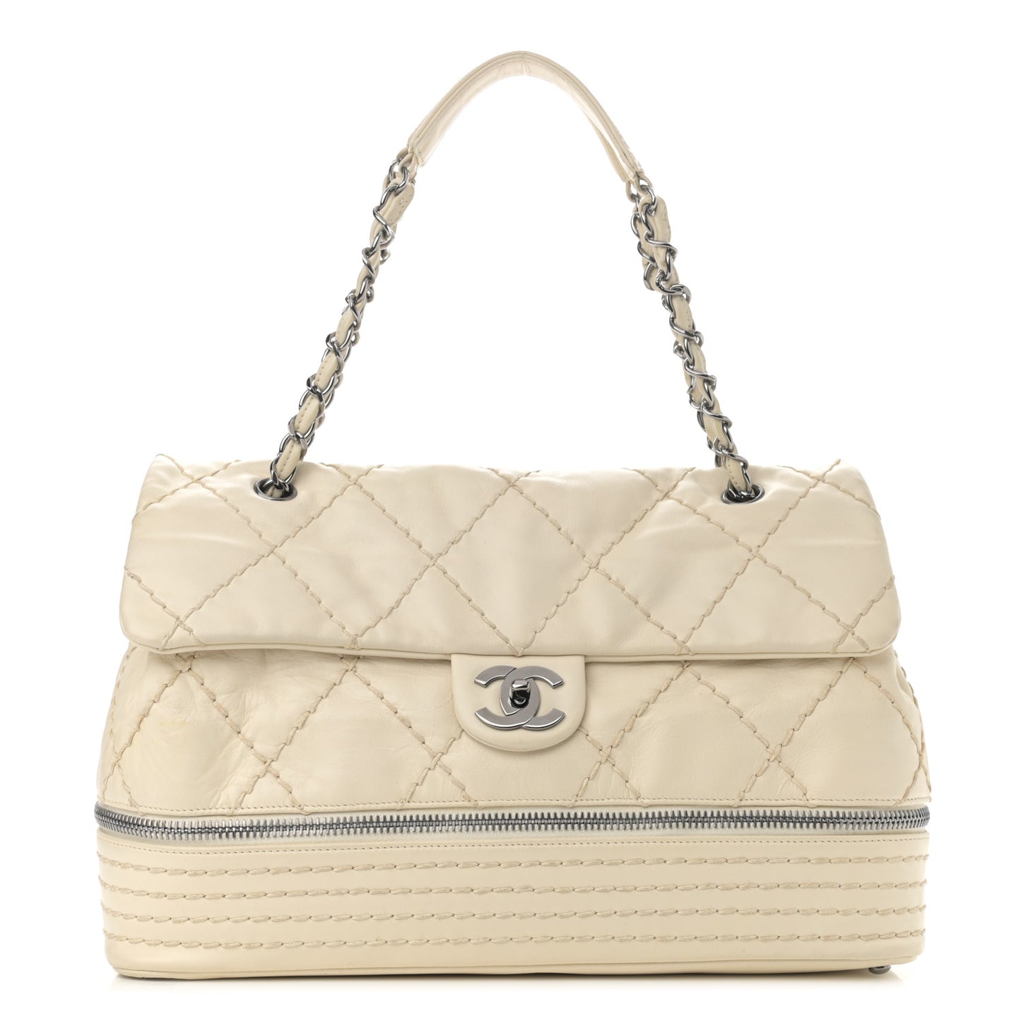 Calfskin Stitched Large Expandable Flap Bag White