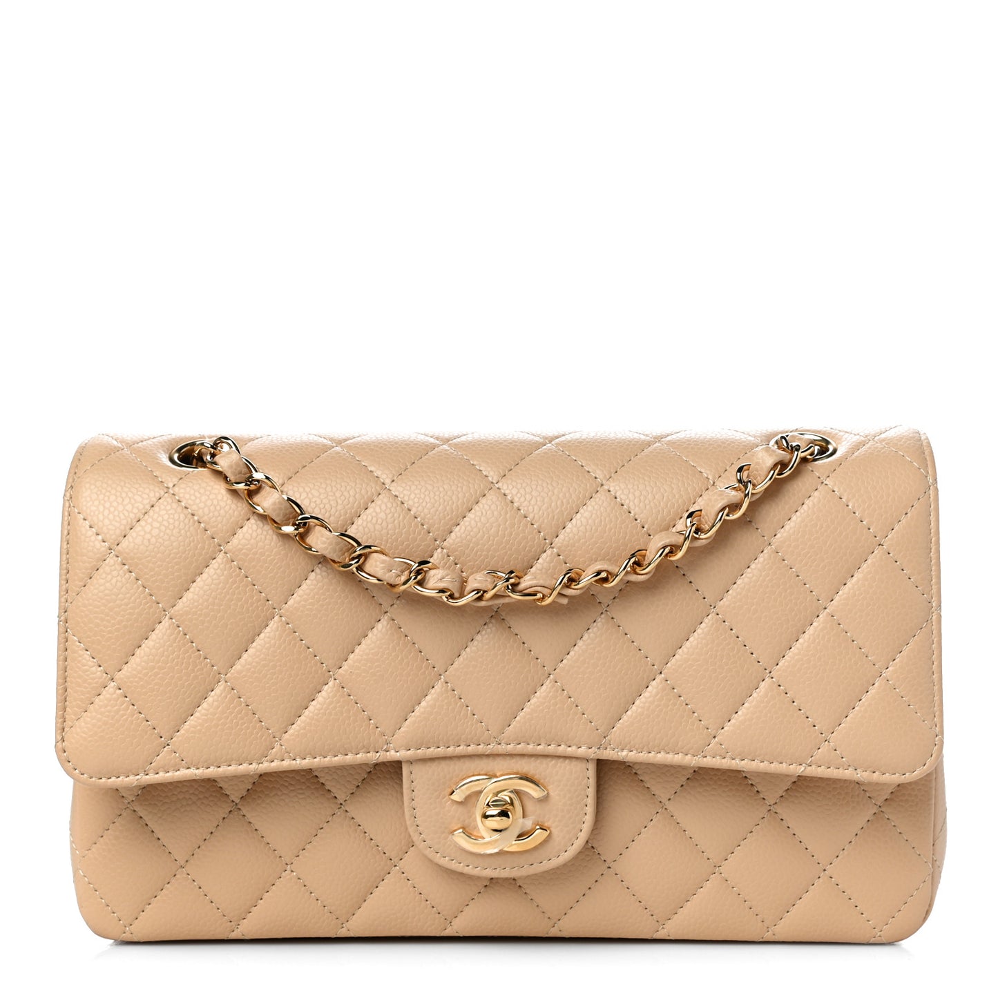 Caviar Quilted Medium Double Flap Beige