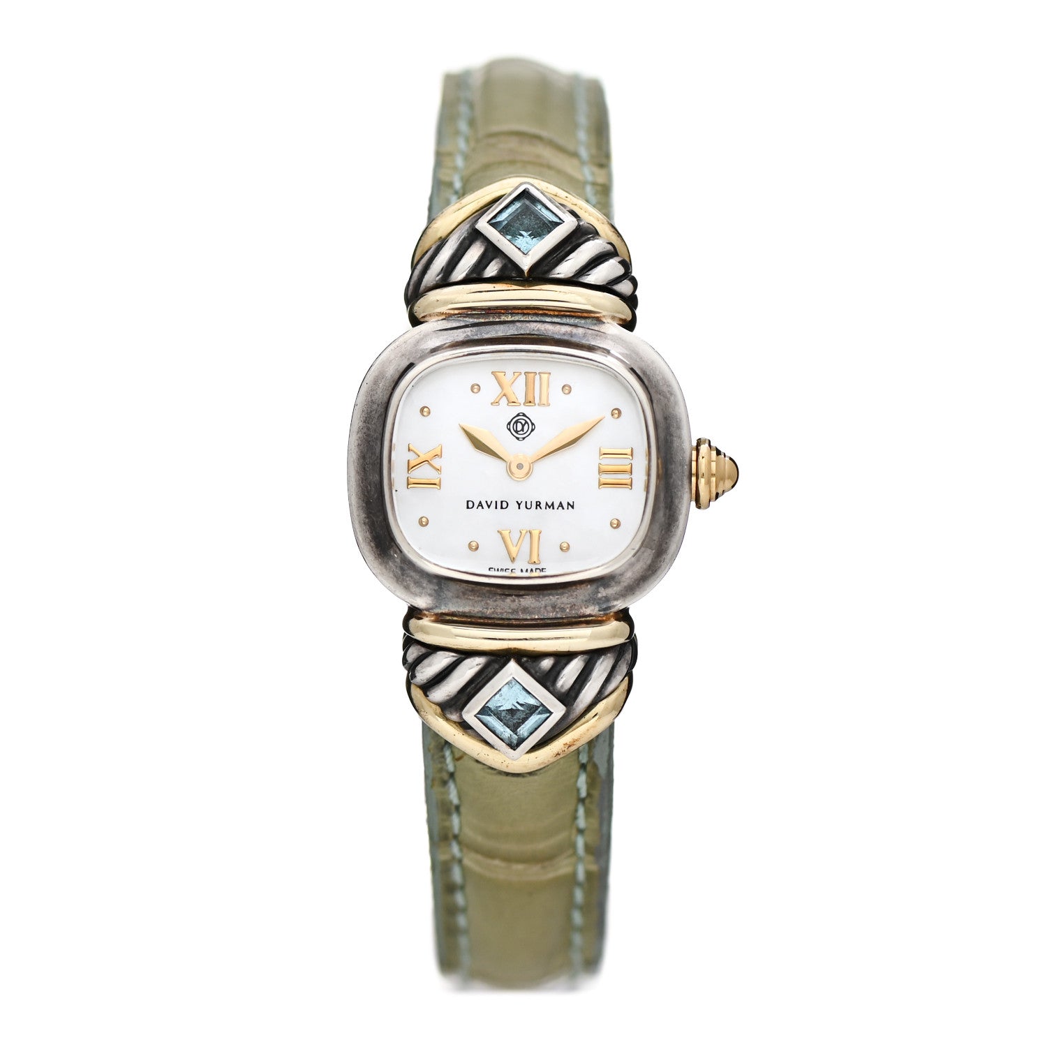 David Yurman Sterling Silver 14K Yellow Gold Alligator Blue Topaz Mother of Pearl 21mm Classic Quartz Watch 1 of 4