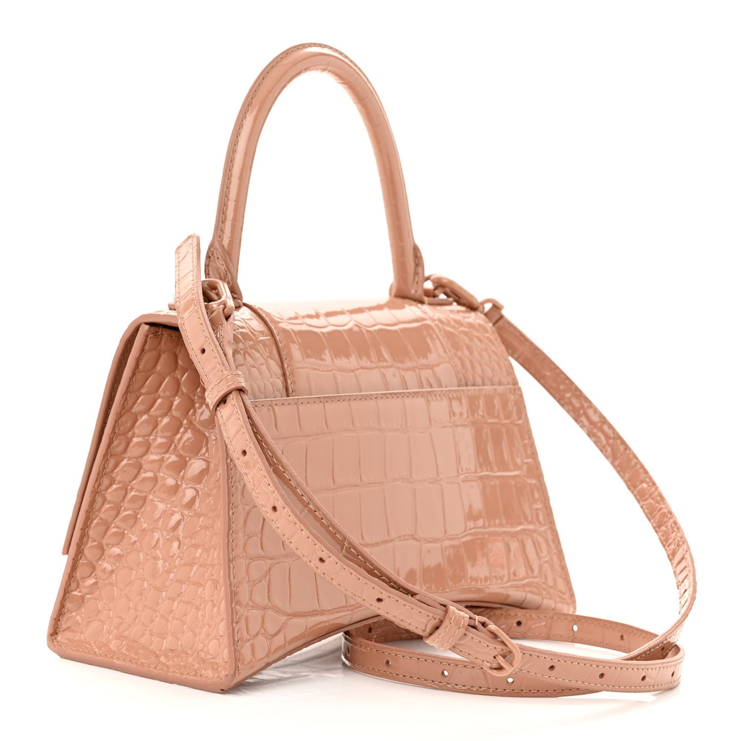 Shiny Calfskin Monochrome Crocodile Embossed Small Hourglass Top Handle Bag Nude Beige