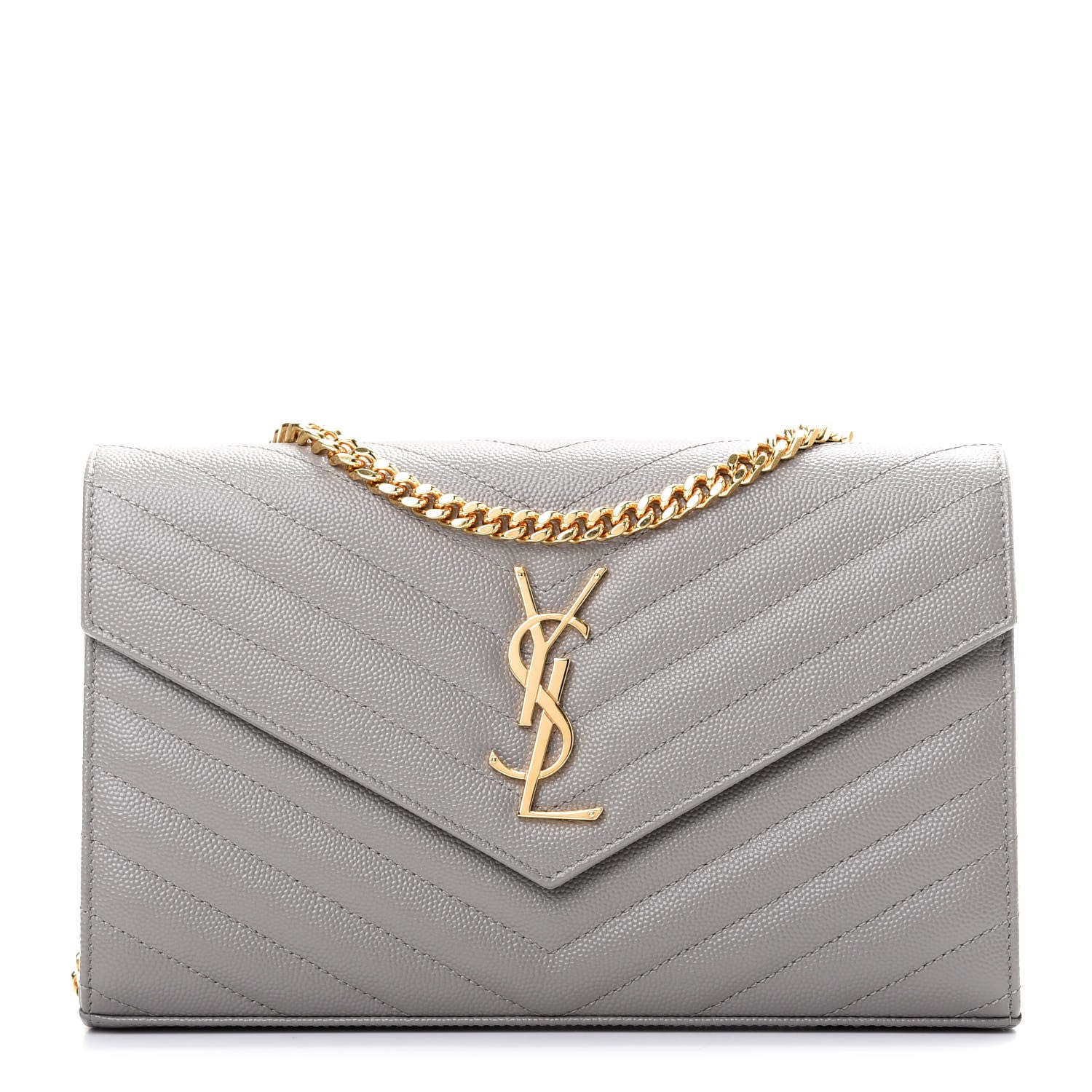 Saint Laurent Grain De Poudre Matelasse Chevron Monogram Chain Wallet Oyster Grey 1 of 5