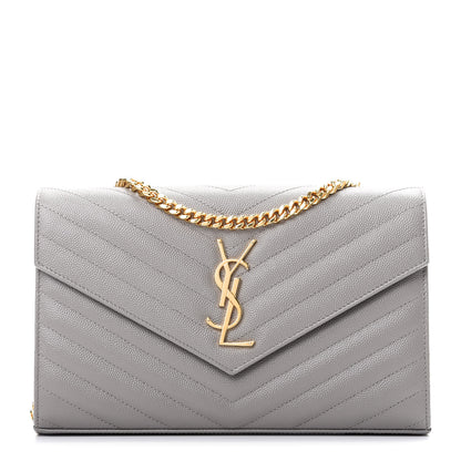Saint Laurent Grain De Poudre Matelasse Chevron Monogram Chain Wallet Oyster Grey 1 of 5