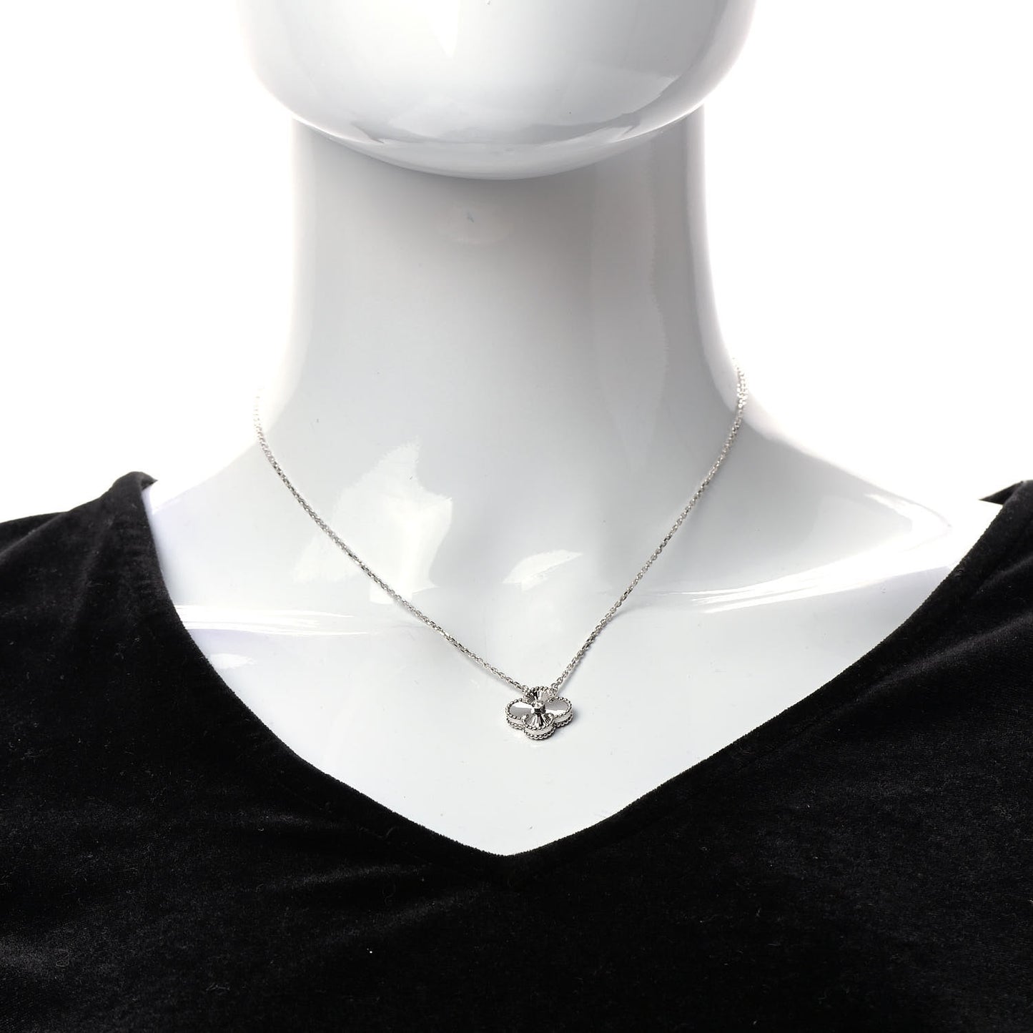 18K White Gold Diamond Guilloche Vintage Alhambra Pendant Necklace