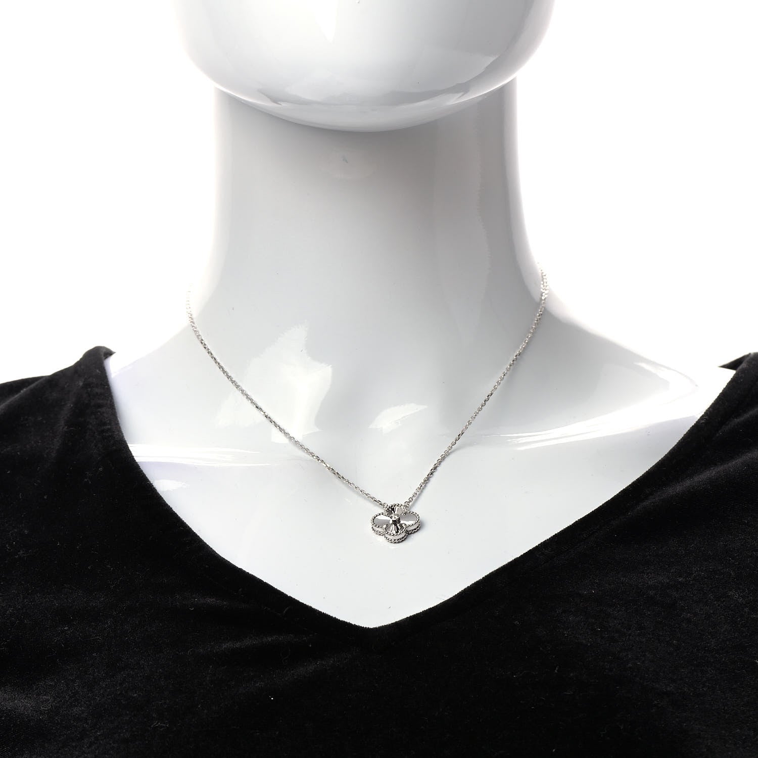Van Cleef & Arpels 18K White Gold Diamond Guilloche Vintage Alhambra Pendant Necklace 2 of 7