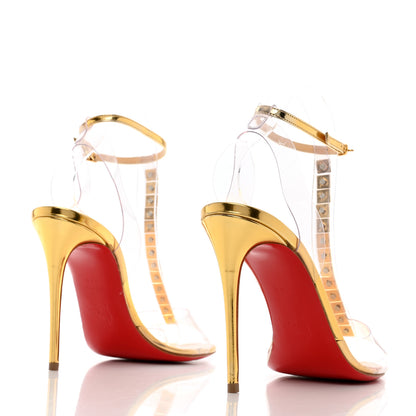 Christian Louboutin PVC Spiked Jamais Assez 100 T-Strap Sandals 38.5 Gold 4 of 8