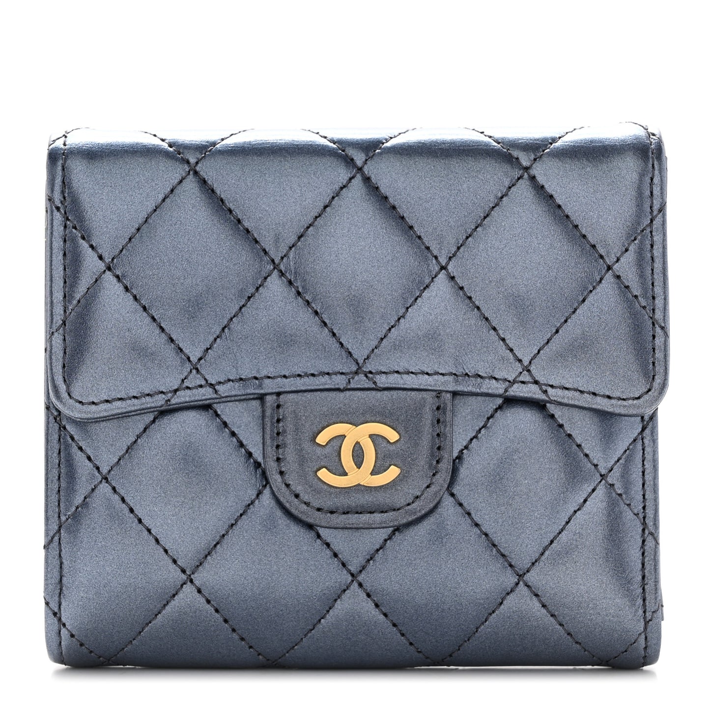 Iridescent Lambskin Quilted Compact Flap Wallet Navy