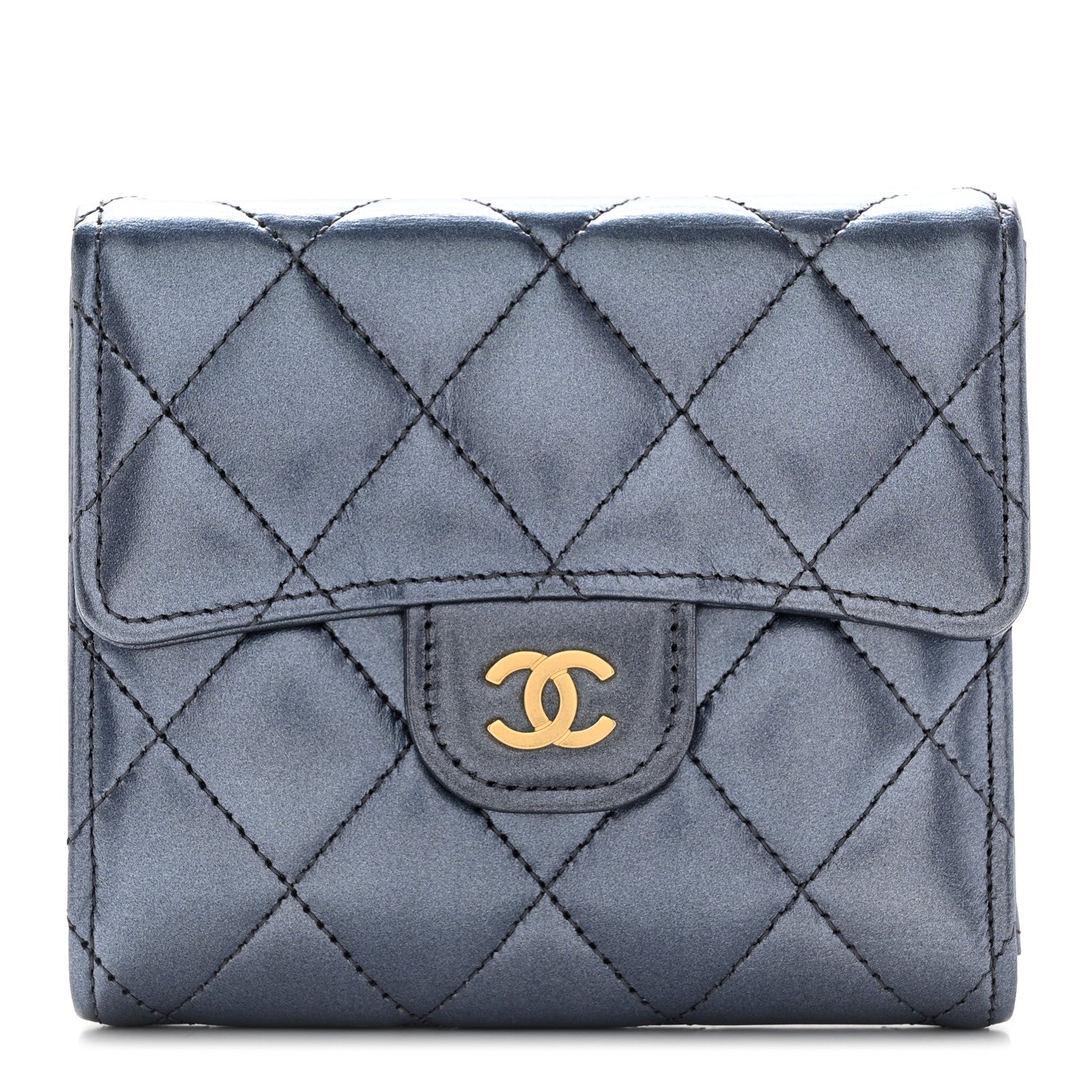 Chanel Iridescent Lambskin Quilted Compact Flap Wallet Navy 1 of 9