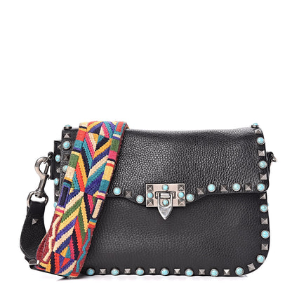Valentino Garavani Pebbled Calfskin Turquoise Medium Guitar Strap Rockstud Rolling Flap Saddle Bag Black 1 of 17
