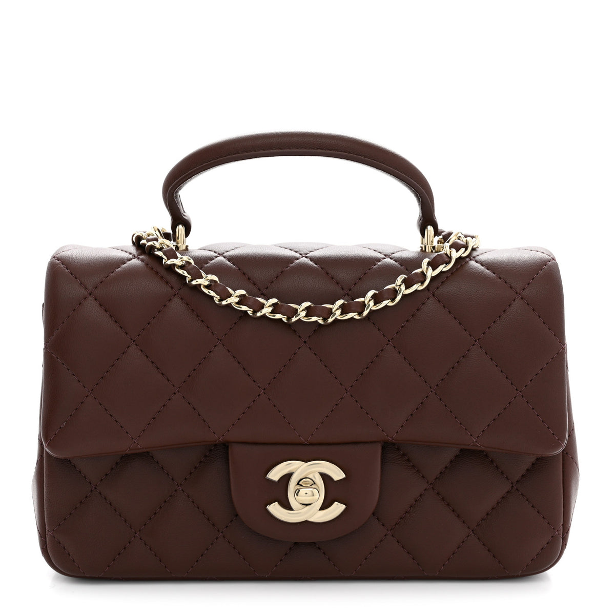 Lambskin Quilted Mini Top Handle Rectangular Flap Dark Brown