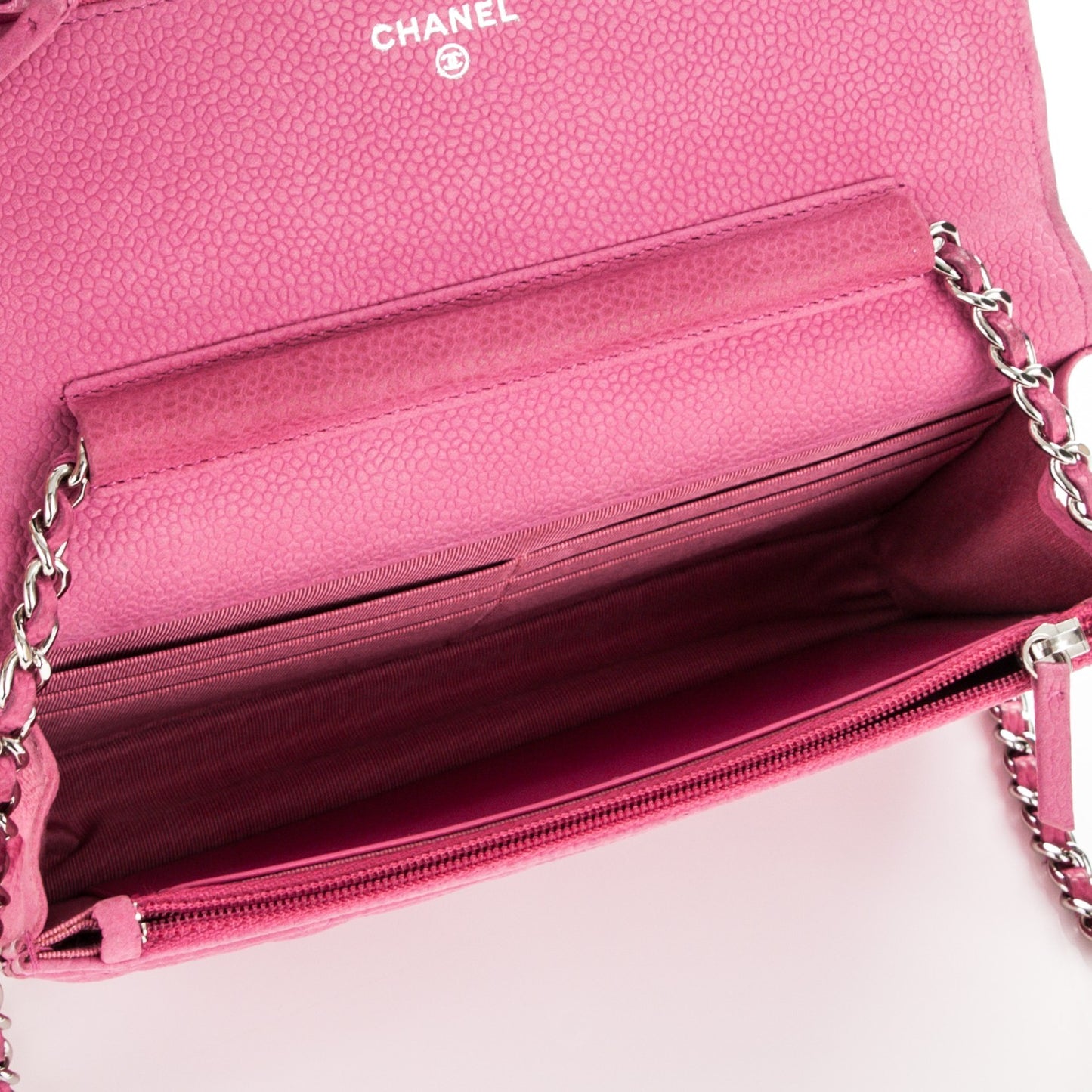 Iridescent Caviar Quilted Wallet on Chain WOC Pink