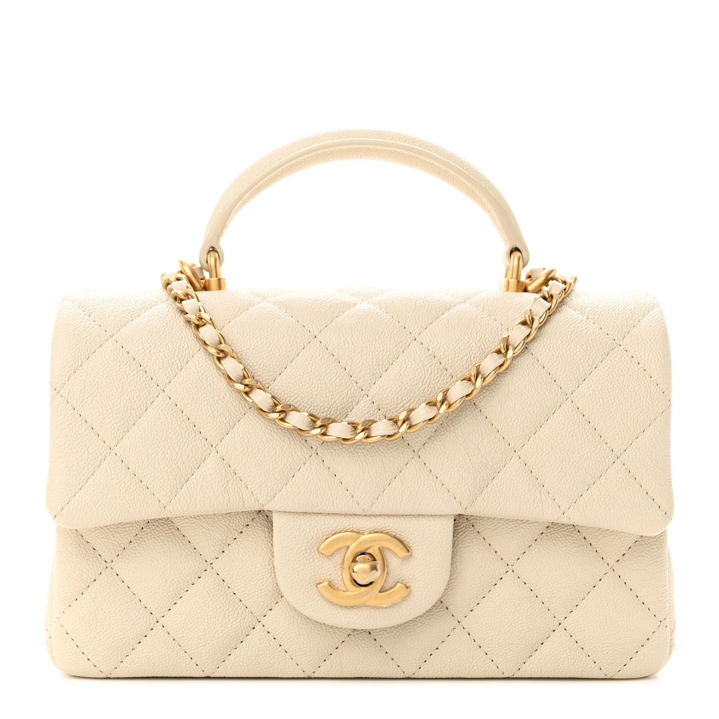 Caviar Quilted Mini Top Handle Rectangular Flap Beige