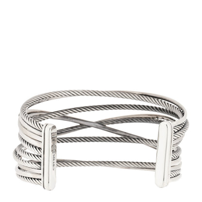 David Yurman Sterling Silver 14K White Gold Diamond Black Diamond Crossover Five Row Cuff Bracelet 2 of 3