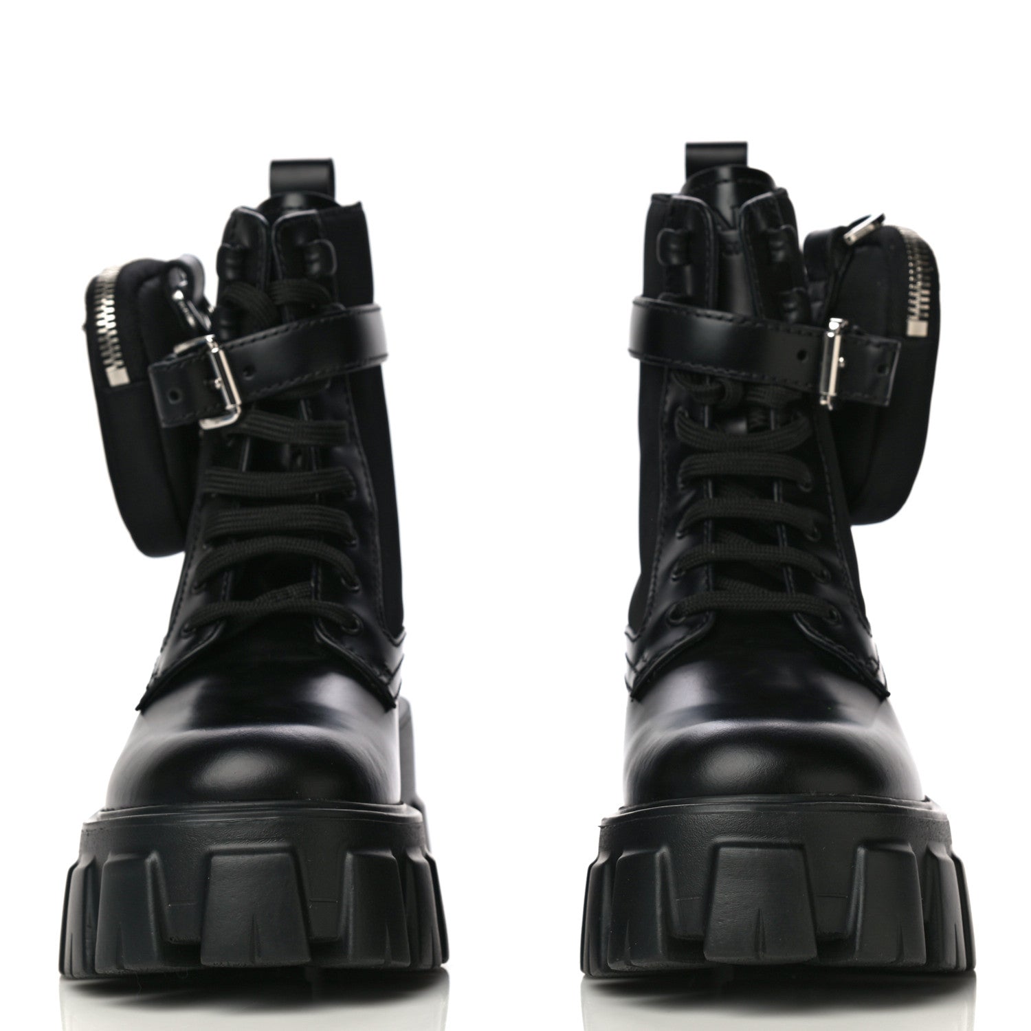 Prada Spazzolato Rois Re-Nylon Metal Triangle Logo Monolith Pouch Pocket 55mm Boots 35 Black 3 of 13