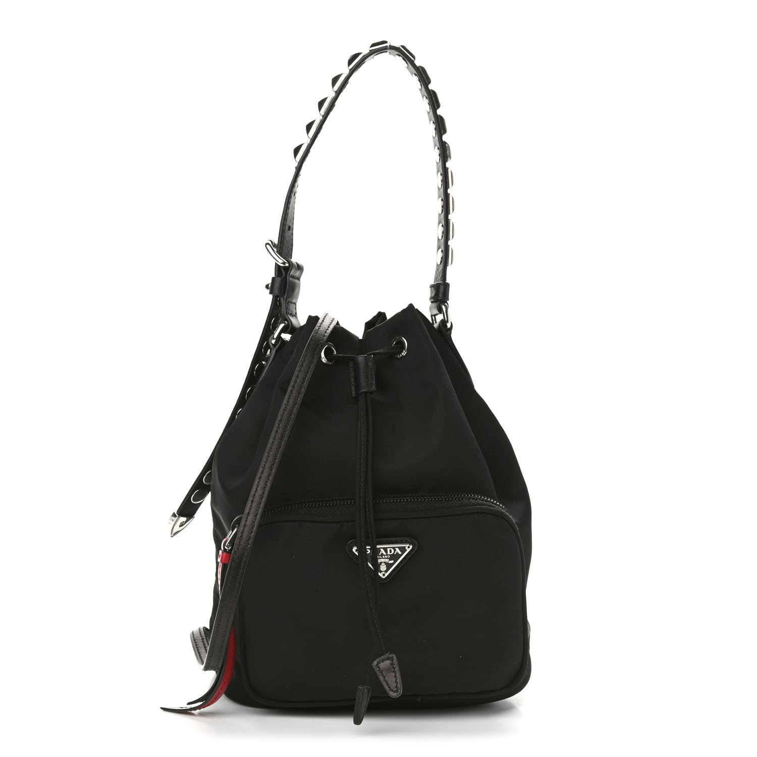 Prada Tessuto Nylon Studded New Vela Mini Bucket Crossbody Bag Black Fuoco 1 of 9