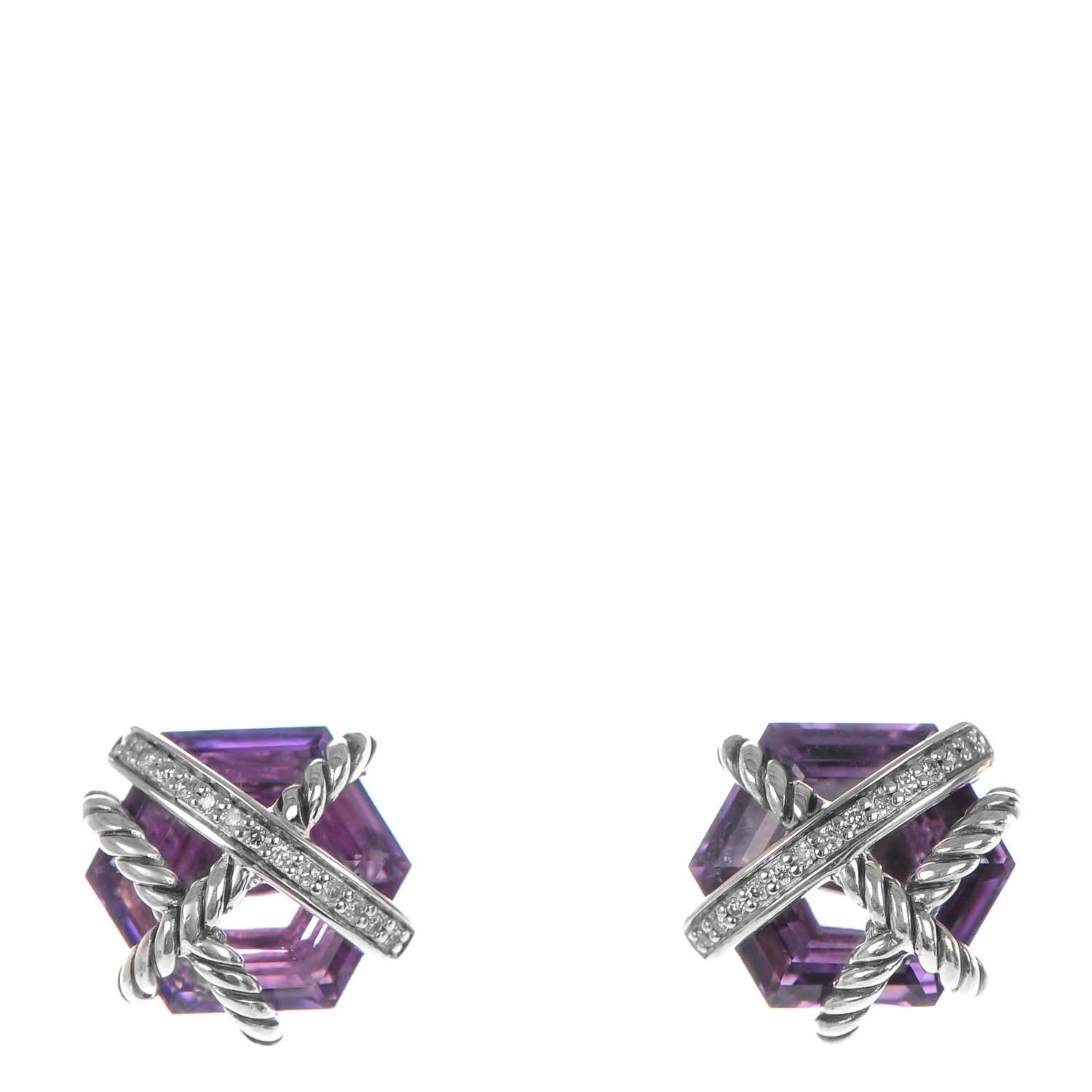 David Yurman Sterling Silver Pave Diamond Amethyst 10mm Cable Wrap Earrings 1 of 3