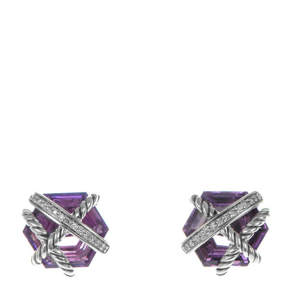 David Yurman Sterling Silver Pave Diamond Amethyst 10mm Cable Wrap Earrings 1 of 3