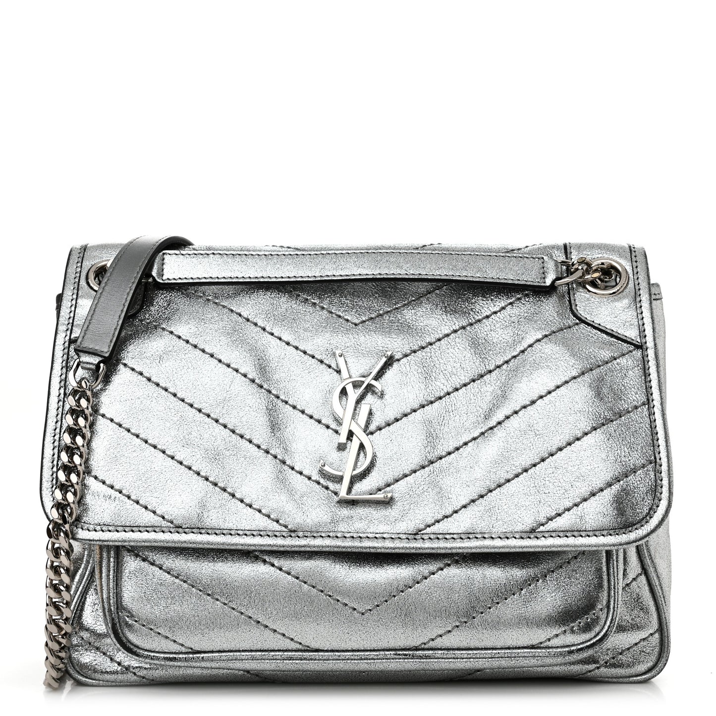 Metallic Lambskin Matelasse Monogram Medium Niki Chain Satchel Argento