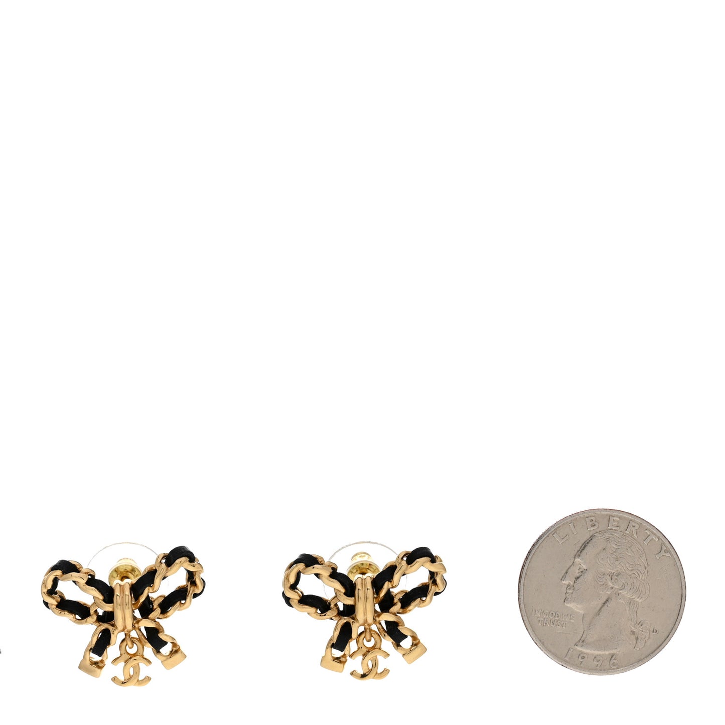 Lambskin Chain Bow Stud Earrings Black Gold