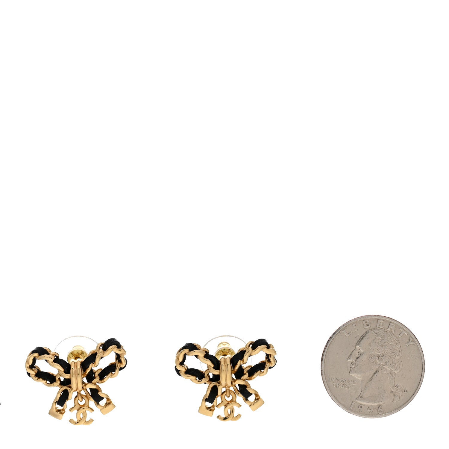 Chanel Lambskin Chain Bow Stud Earrings Black Gold 2 of 5