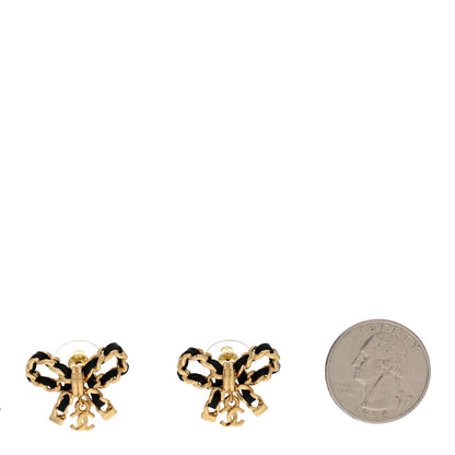 Chanel Lambskin Chain Bow Stud Earrings Black Gold 2 of 5