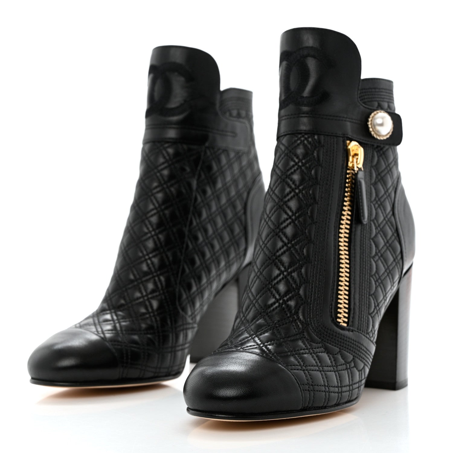 Chanel Lambskin Quilted Pearl CC Cap Toe Short Boots 37 Black 3 of 9