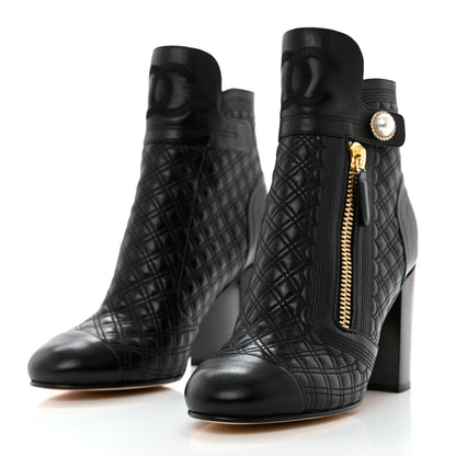 Chanel Lambskin Quilted Pearl CC Cap Toe Short Boots 37 Black 3 of 9