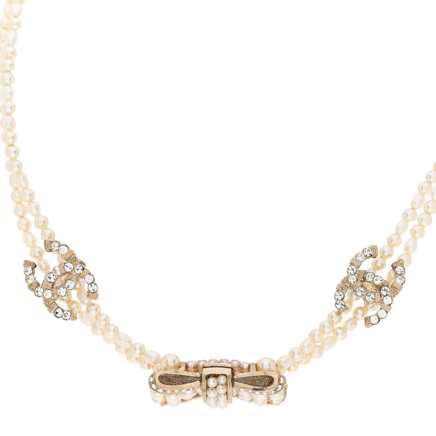 Pearl Crystal CC Bow Choker Necklace Gold
