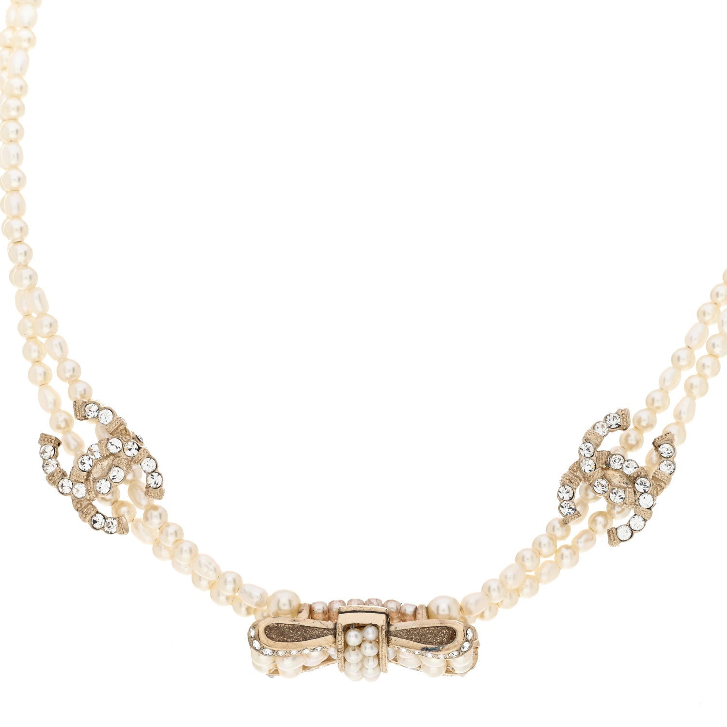 Chanel Pearl Crystal CC Bow Choker Necklace Gold 1 of 6
