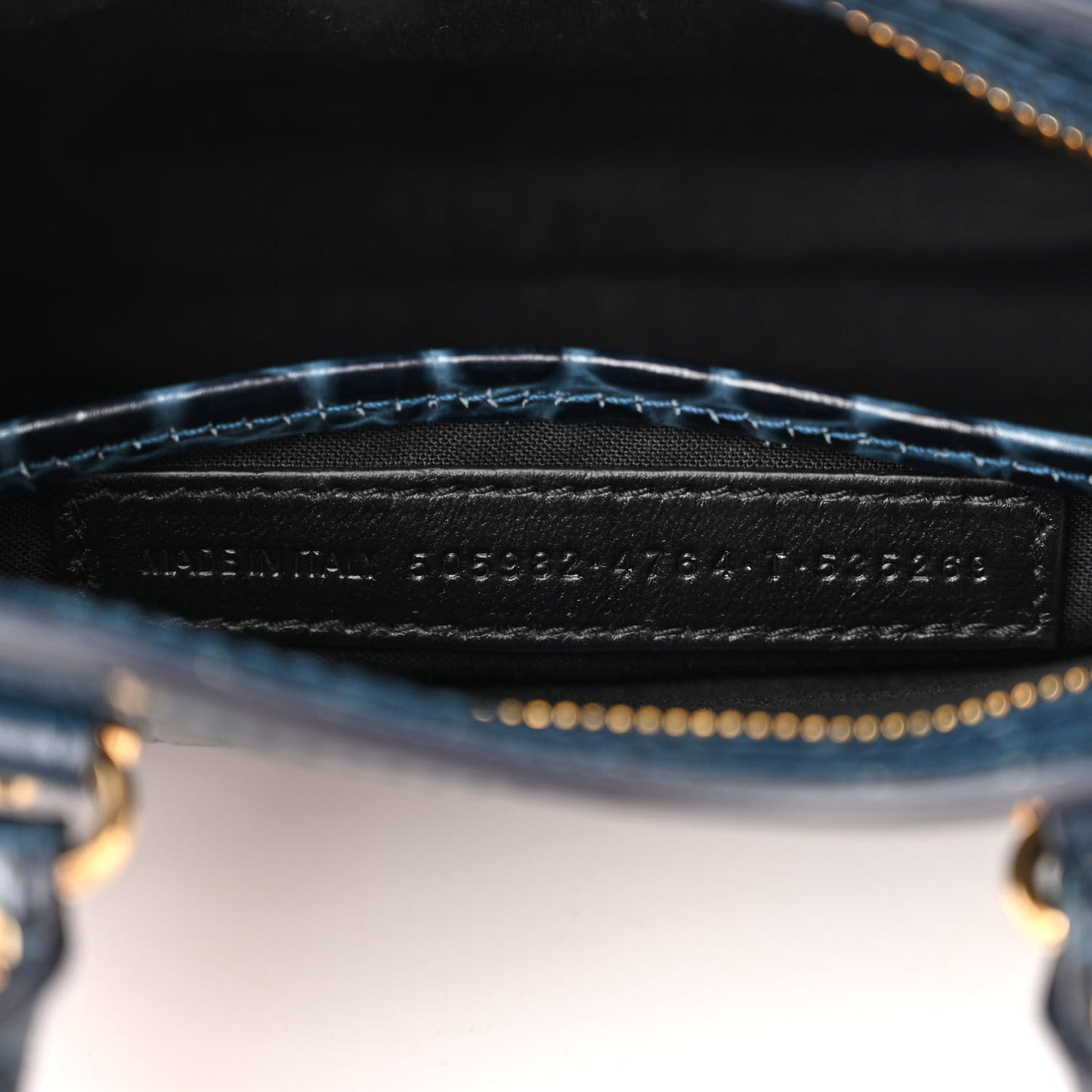 Shiny Supple Calfskin Crocodile Embossed Gold Metallic Edge Hardware Nano City Denim Blue