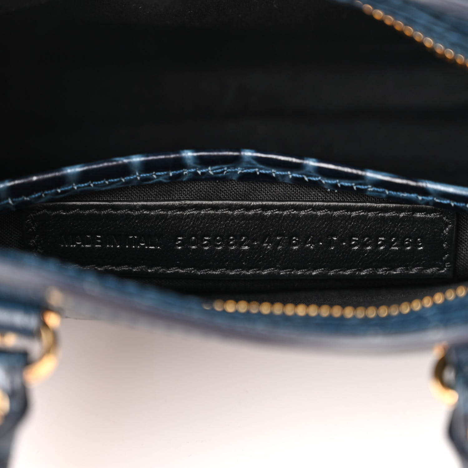 Balenciaga Shiny Supple Calfskin Crocodile Embossed Gold Metallic Edge Hardware Nano City Denim Blue 7 of 11