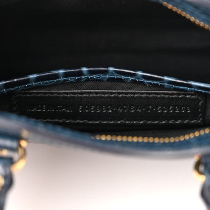 Balenciaga Shiny Supple Calfskin Crocodile Embossed Gold Metallic Edge Hardware Nano City Denim Blue 7 of 11
