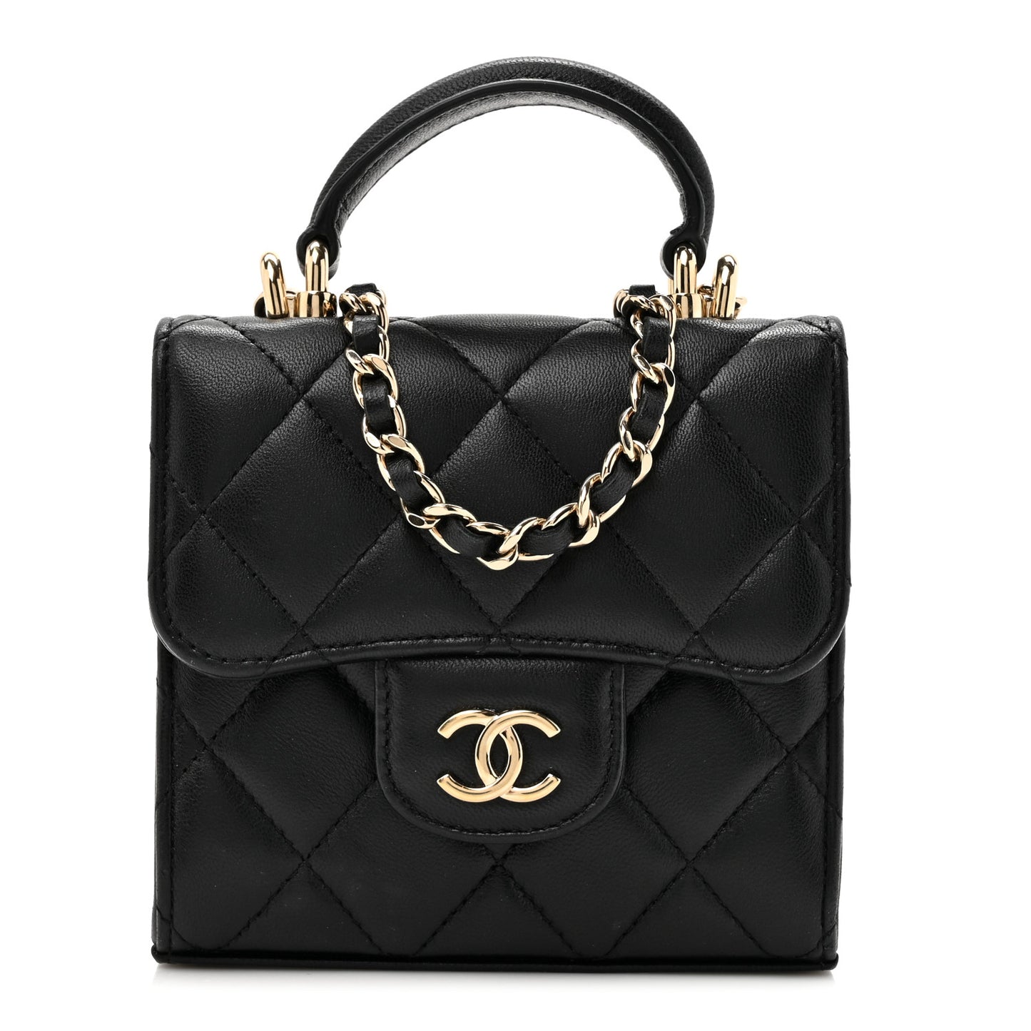 Lambskin Quilted Top Handle Flap Clutch With Chain Black