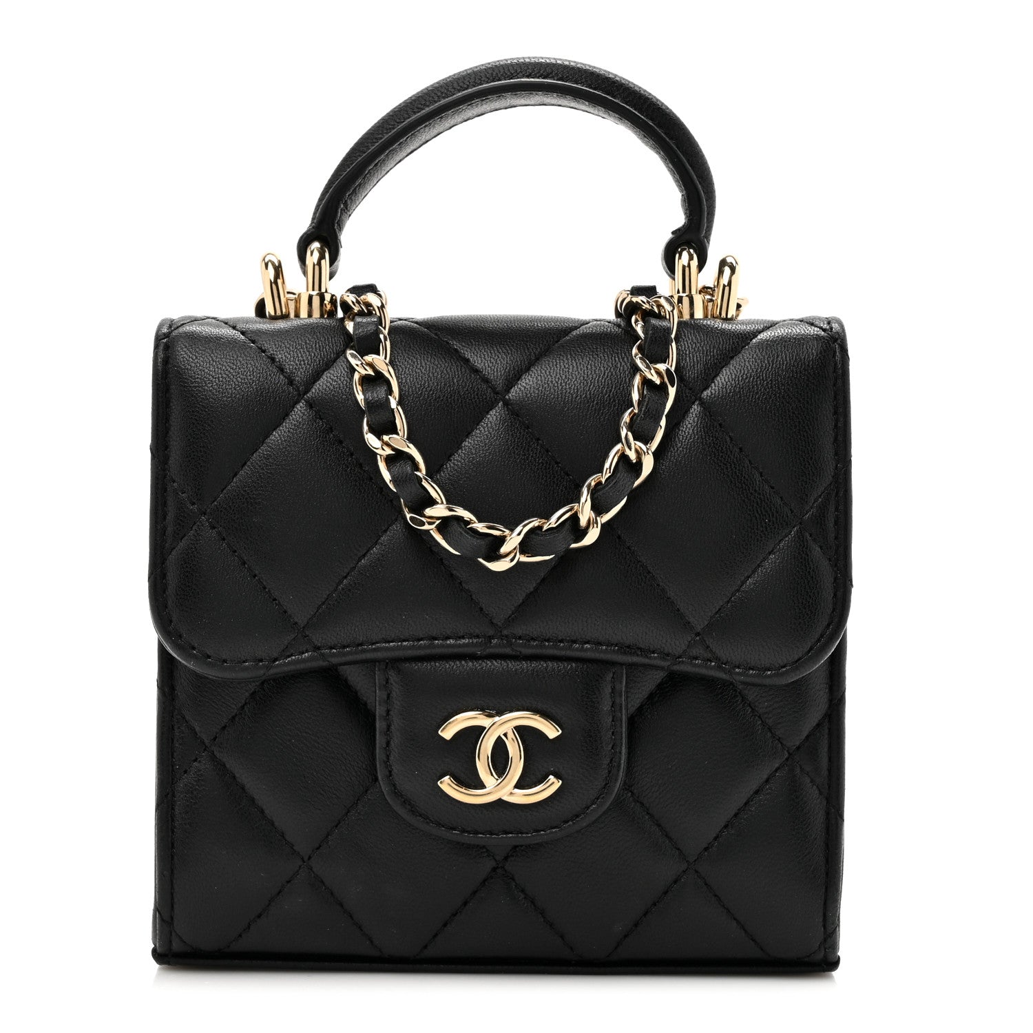 Chanel Lambskin Quilted Top Handle Flap Clutch With Chain Black 1 of 10