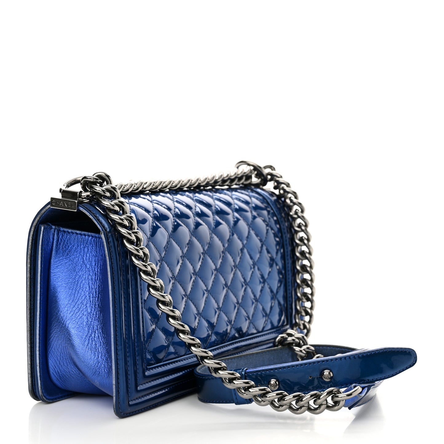 Metallic Patent Quilted Medium Boy Flap Blue