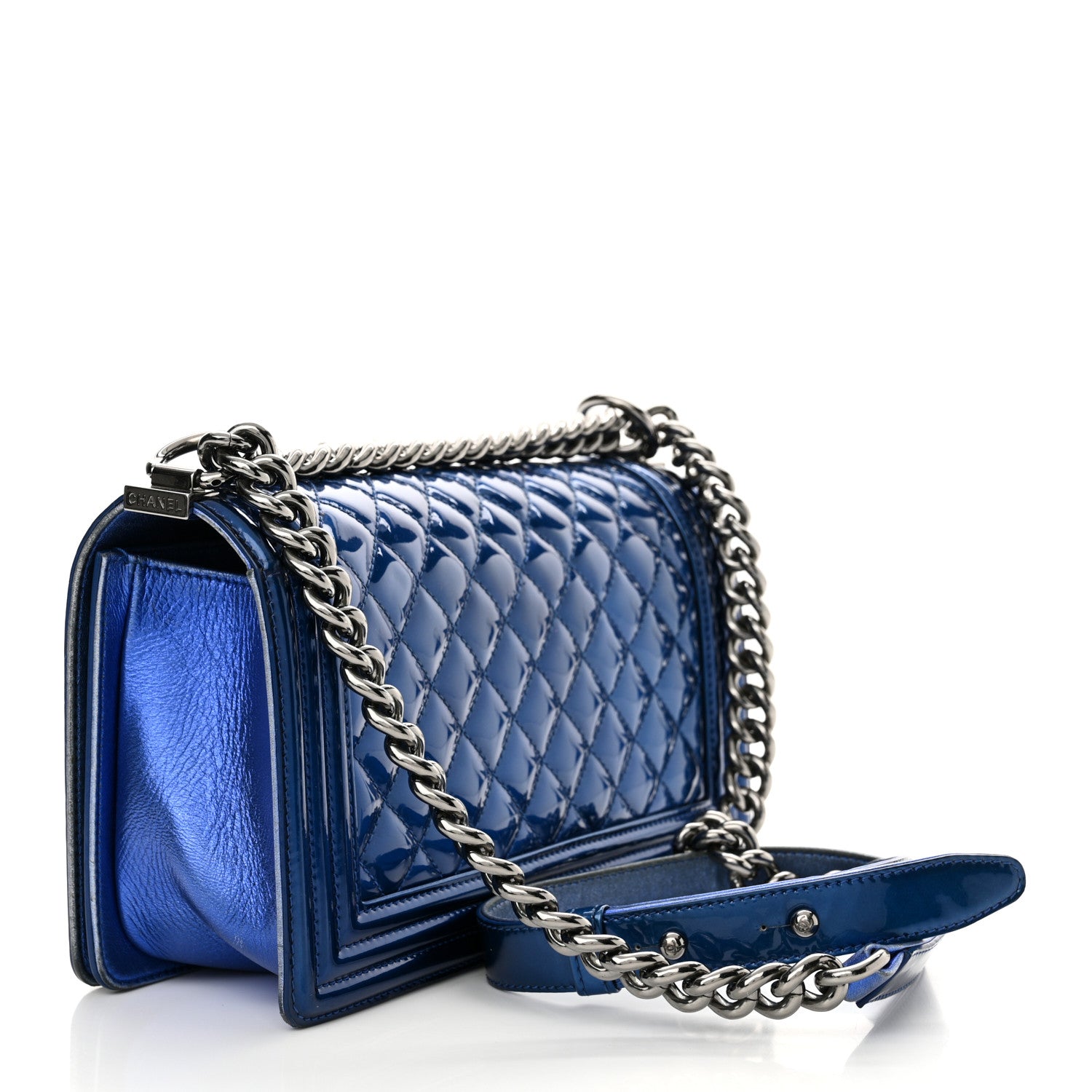 Chanel Metallic Patent Quilted Medium Boy Flap Blue 3 of 18