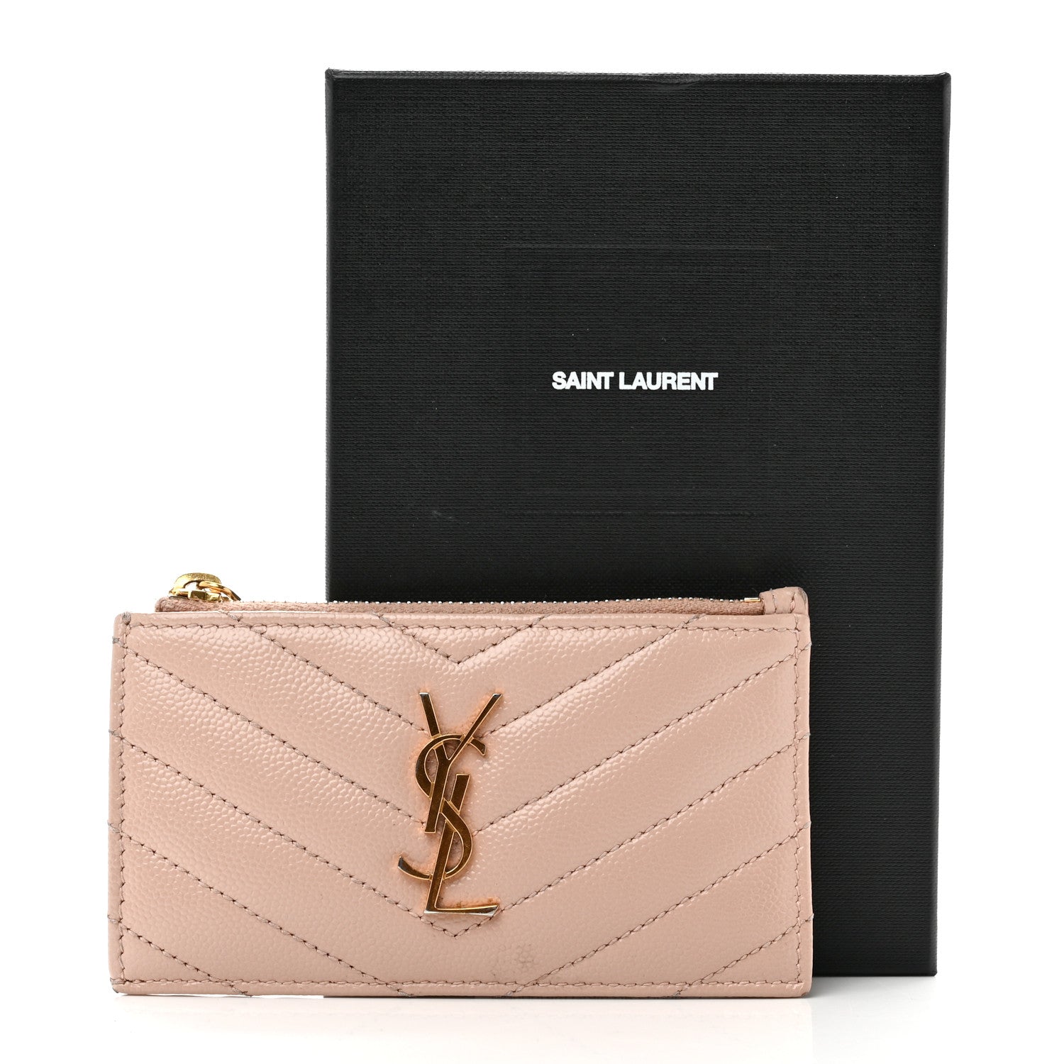 Saint Laurent Grain De Poudre Matelasse Chevron Monogram Fragments Zippered Card Case Nude Powder 9 of 9