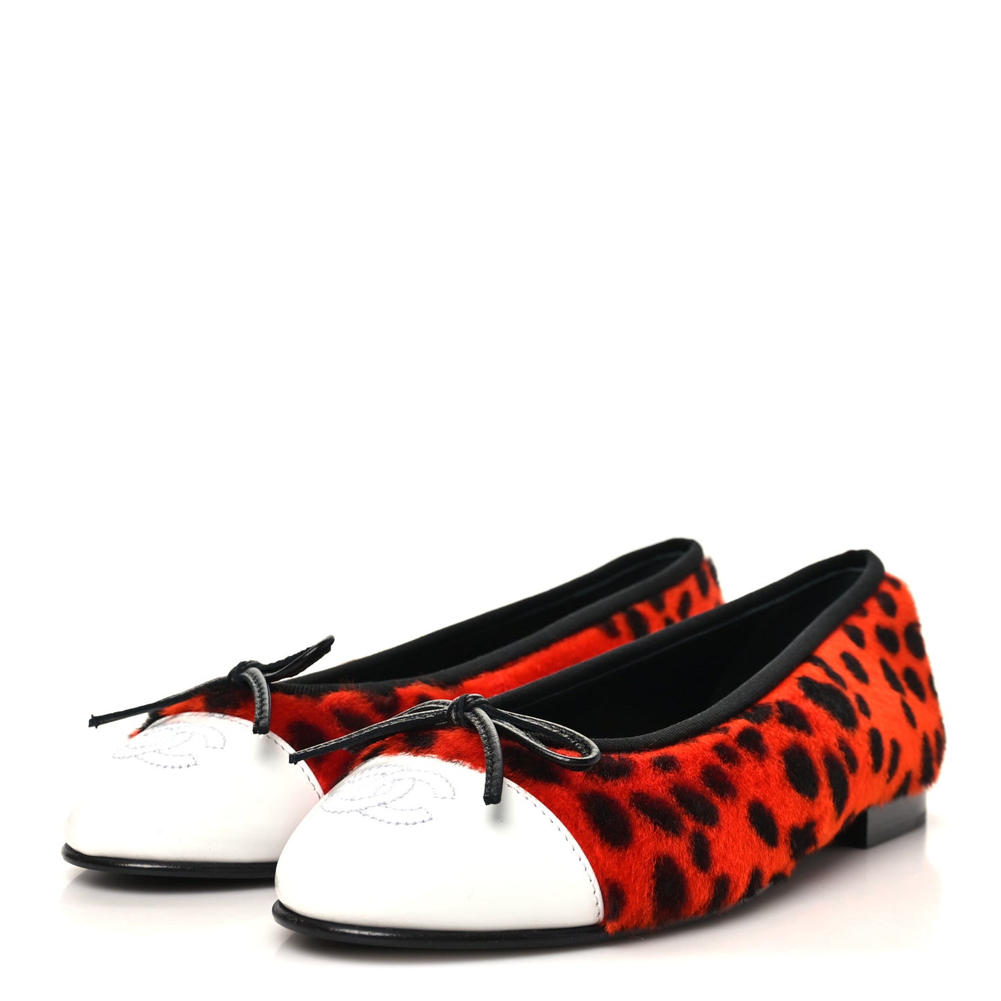 Pony Hair Lambskin Patent Calfskin Cap Toe CC Ballerina Flats 36 Orange Black White
